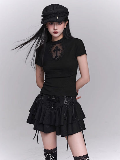 Black Coffin-shaped Cutout Cross Applique T-Shirt