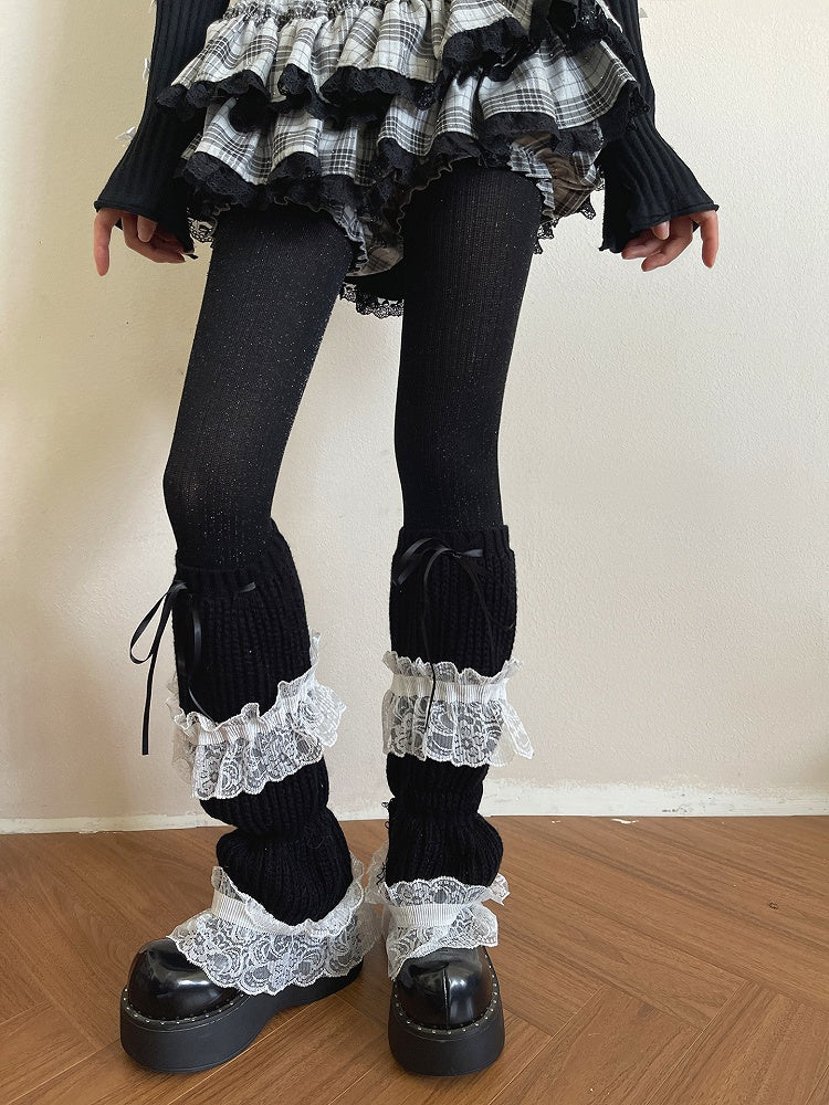 with Bowknot Ruffle Trim Warmers White Black Leg