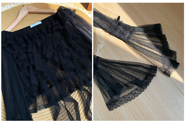 Cascading Top Trim Dotted Black Ruffle Sheer Long Tulle Sleeves