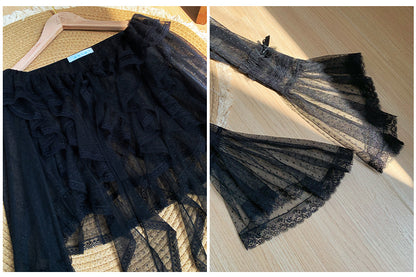 Cascading Top Trim Dotted Black Ruffle Sheer Long Tulle Sleeves