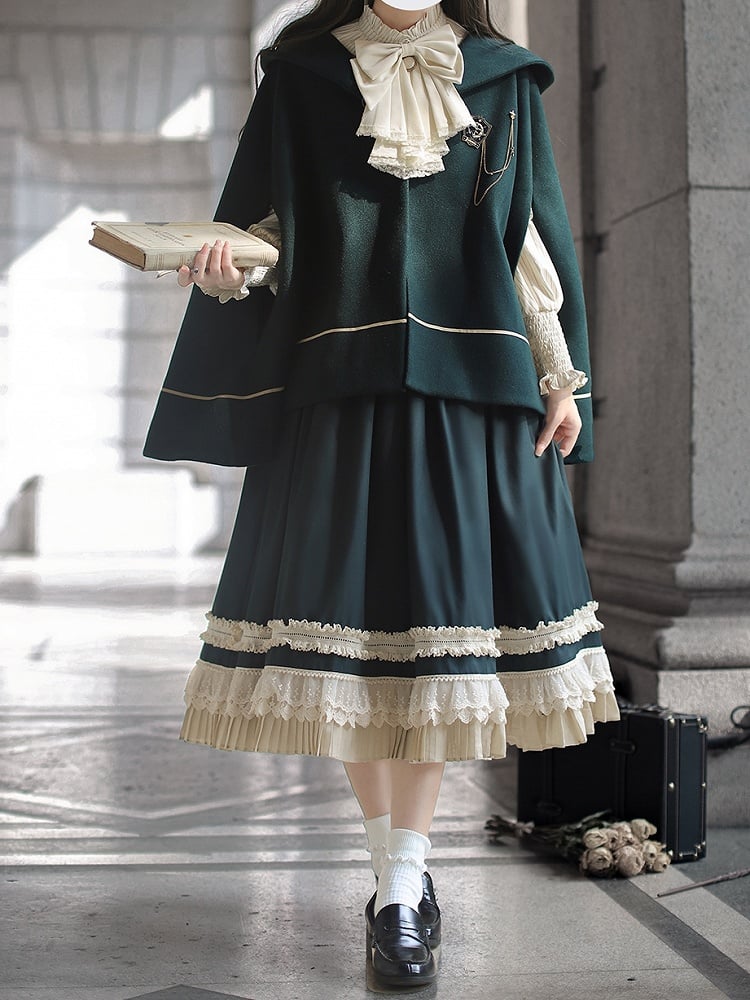 Woolen Hooded Cape Dark Green 62cm