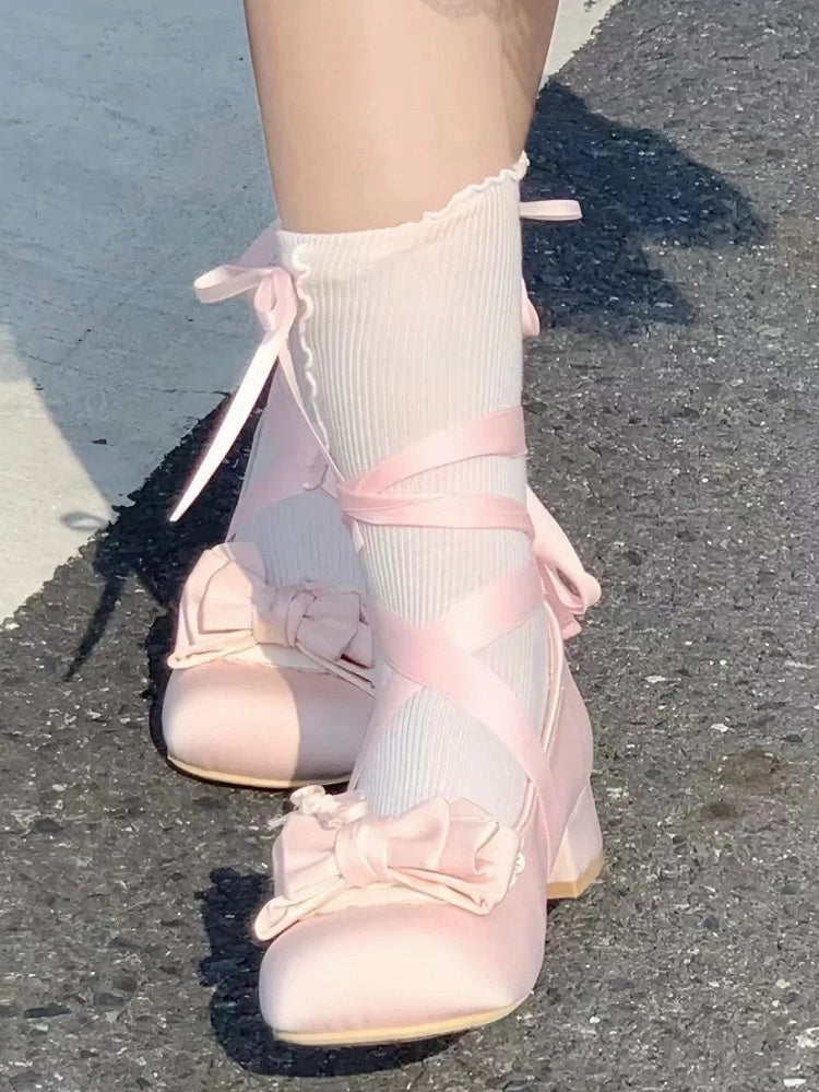 Satin Light Pink Sweet Lolita Round-Toe Low-heel Shoes - Detachable Ankle Strap with Heart Snap & Scalloped Edge