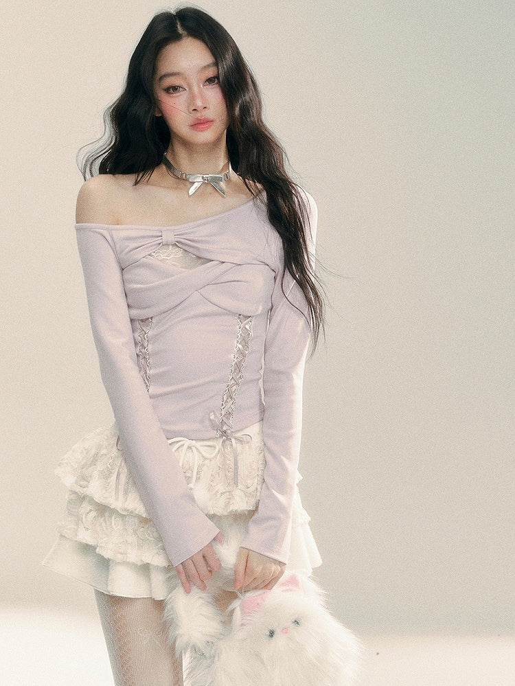 ライトパープルのカットアウトデザイン レースアップ ニットトップス