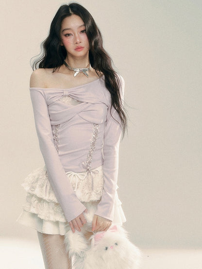 ライトパープルのカットアウトデザイン レースアップ ニットトップス