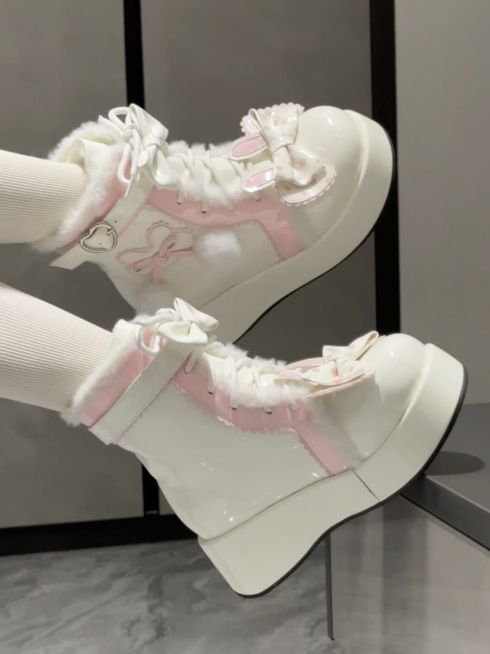Theme Heart White Lining Buckle Bunny - Ankle Plush Boots Lolita Platform with Sweet