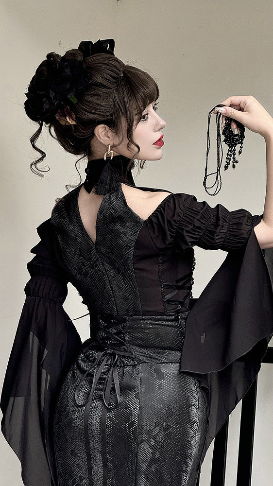 Black Open Shoulders Gothic Lolita Snakeskin Grain Top