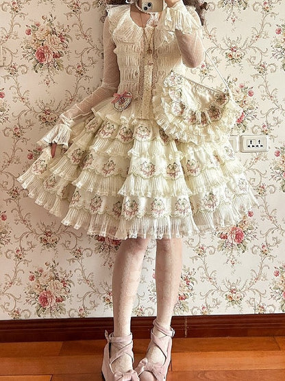 Skirt Flower Elegant Embroidery with Green Pink Details Tencel Lolita Multi-Layered