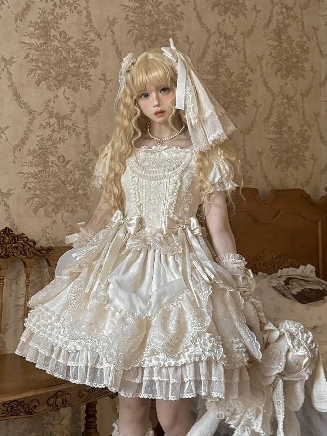 Bow with Hairclip Lolita White/Black/Beige Elegant Veil