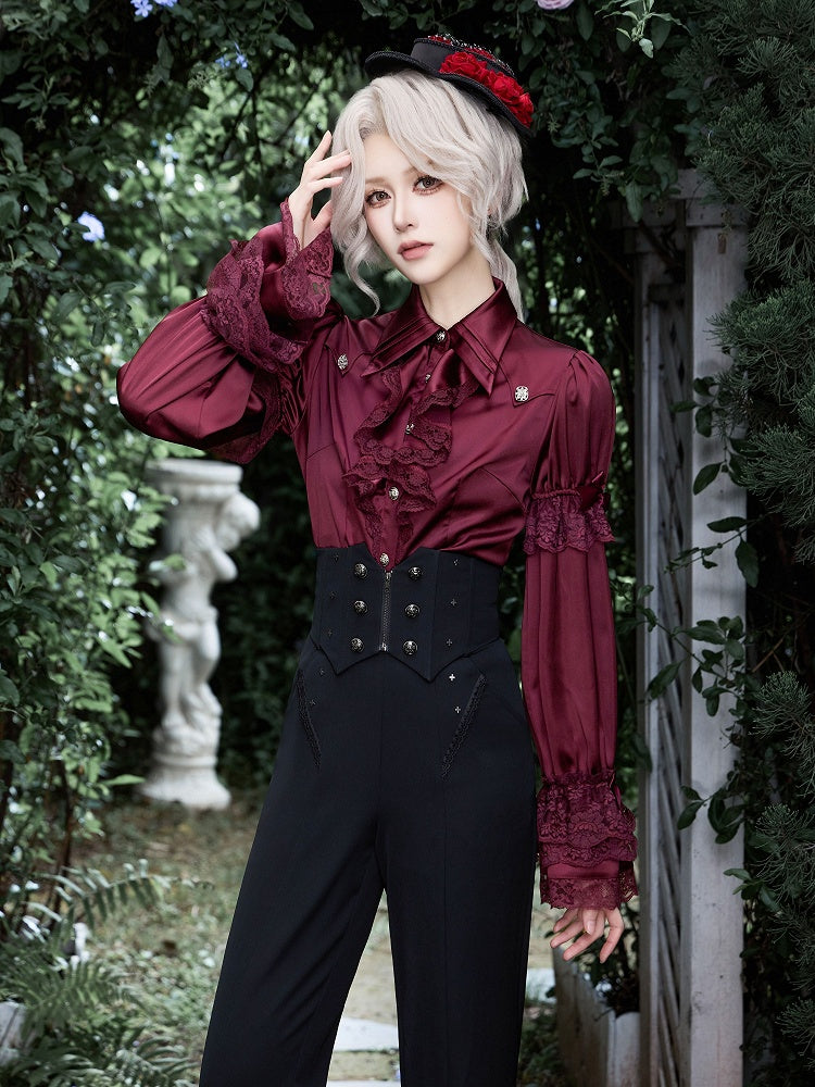 Gothic Satin Ruffle Blouse with Dramatic Collar and Lace Cuffs - DevilInspired Exclusive Collection