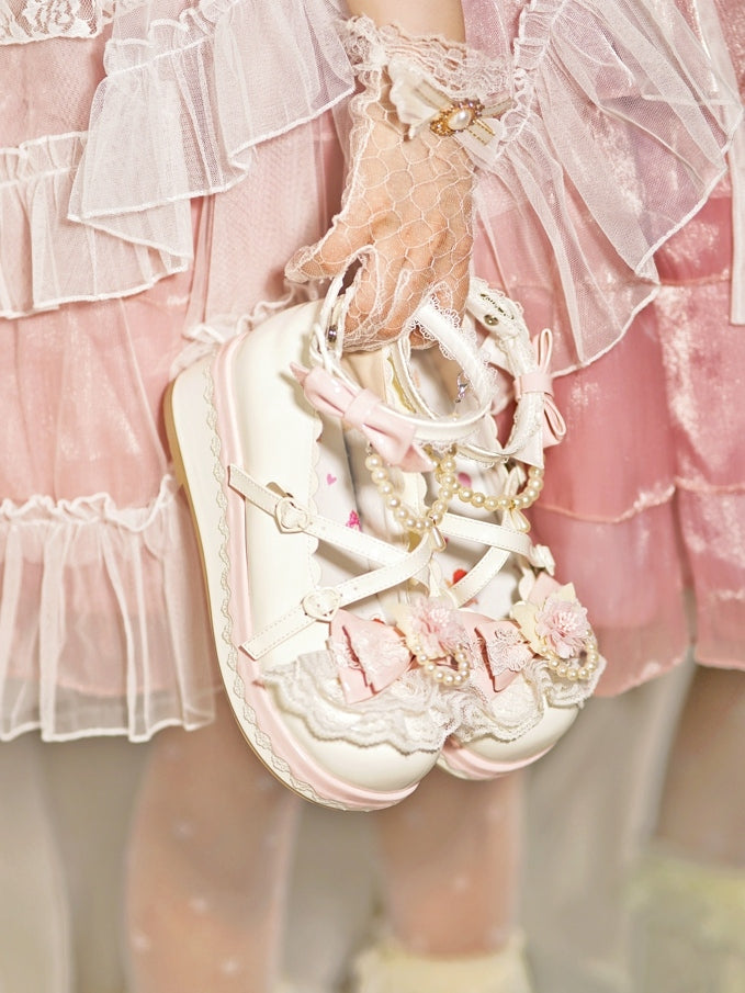 With Bow Beaded at Top Floral Design White Platforms Detachable Trim Lace Heart Chain Buckle