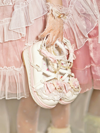 With Bow Beaded at Top Floral Design White Platforms Detachable Trim Lace Heart Chain Buckle