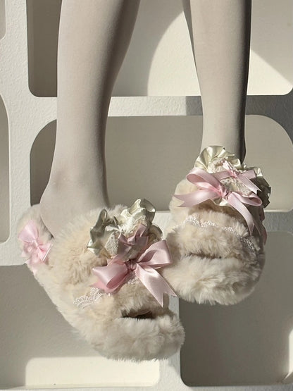 Ruffle - Lace Pink Slippers Bow with 2cm/4cm Platform Knotted Lolita Plush Heart Sweet Winter Trim
