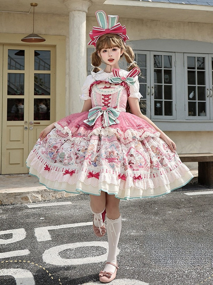 Pink & Green Alice Cat Vibes Sweet Lolita Jumper Skirt with Polka-dot Apron - Mewroco