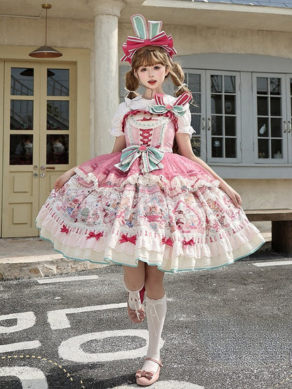 Pink & Green Alice Cat Vibes Sweet Lolita Jumper Skirt with Polka-dot Apron - Mewroco