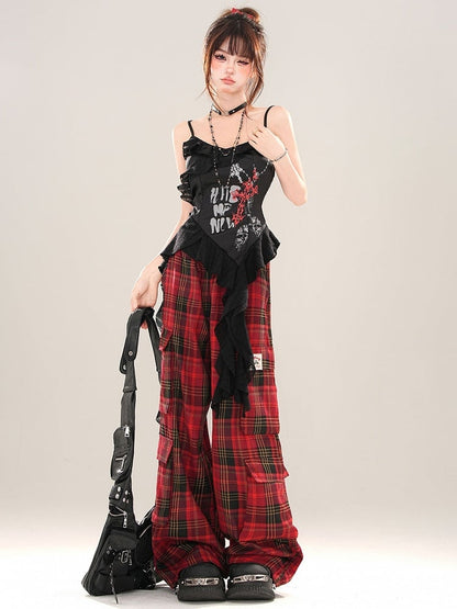 Black Cross Asymmetrical Flounce Hem Cami Top