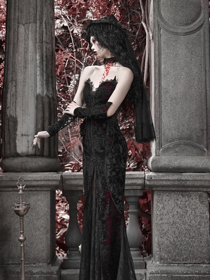 Tief romantisches Meerjungfrauenkleid mit herzförmigem V-Ausschnitt und Vampir-Gothic-Ausschnitt