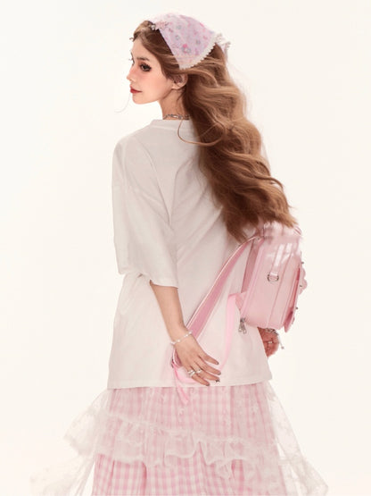 White Round Neck Bowknots Print Summer Loose T-Shirt