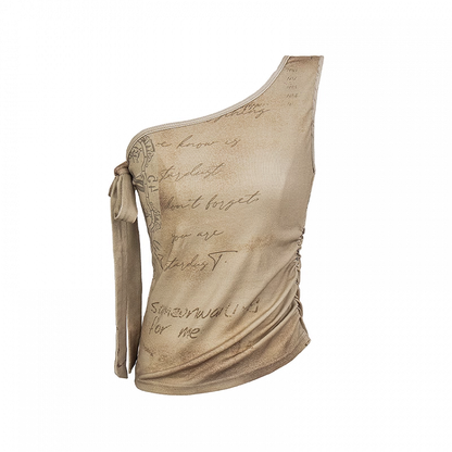 アプリコットグラフィティプリントヴィンテージウェイストランドパンクアシンメトリーネックライントップ