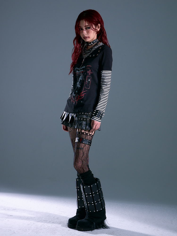 Pattern Black - Long Striped Rock Sleeve Punk Two-piece Top