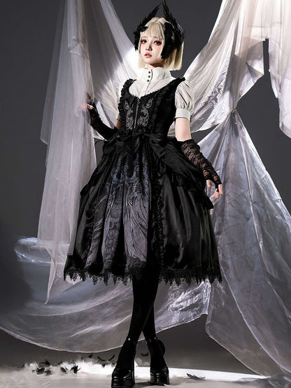 Grim Detachable Reaper and Print Bows Black Dress Waist at Scale Gothic with Lolita