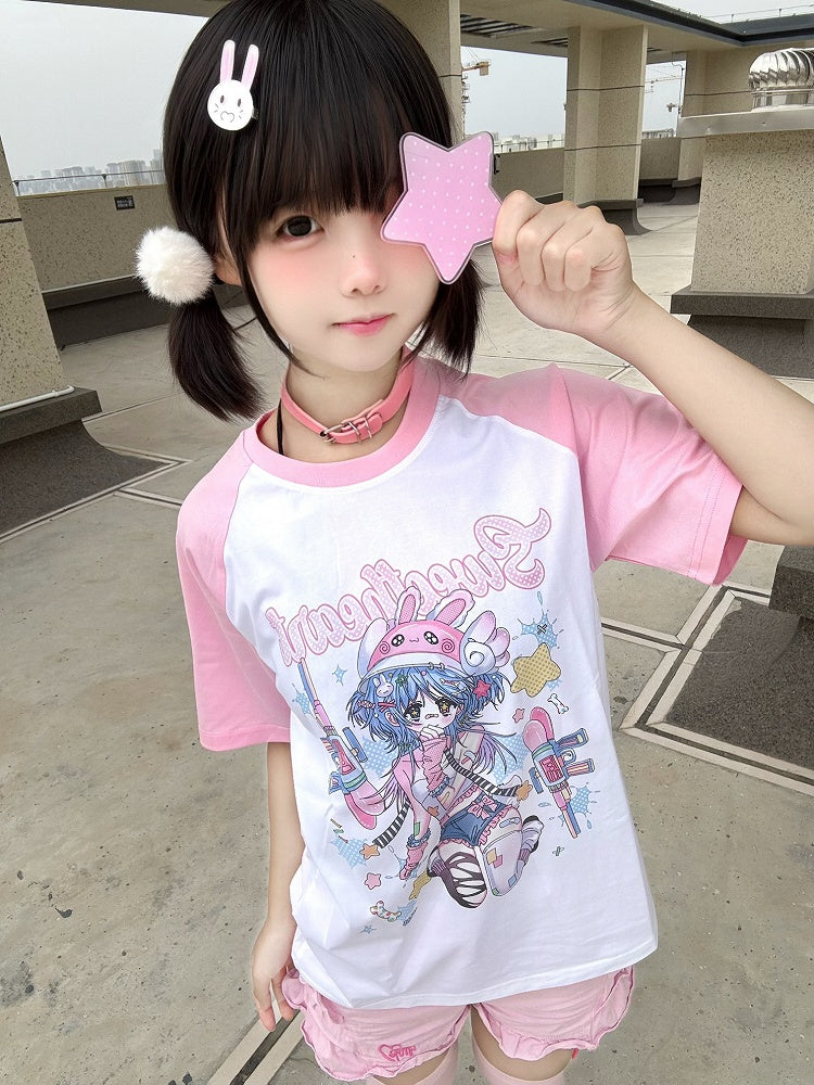 Anime Girl Print T-Shirt Star with Choker Pink and White Colorblock Design Free