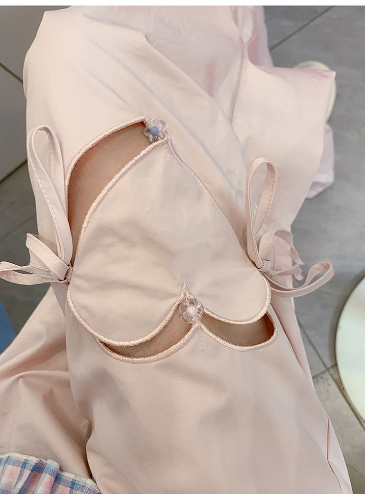 Blue/Pink Heart-shaped Cutout Wide-leg Pants Drawstring Waist