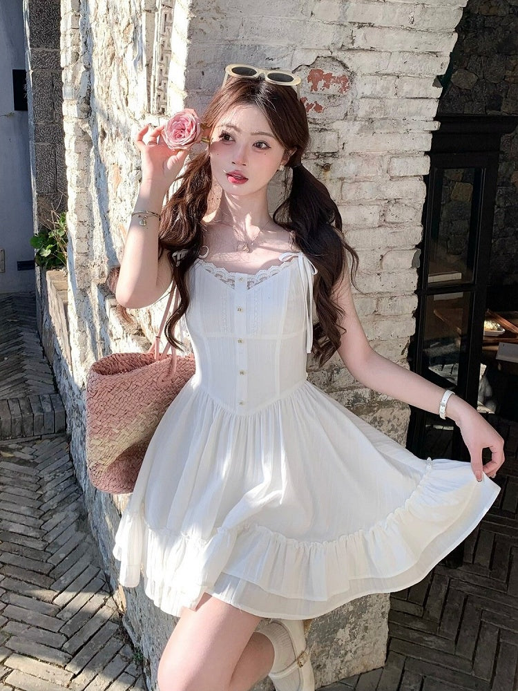 White Lace Detail Summer Holiday Dress - Qchiwawameme
