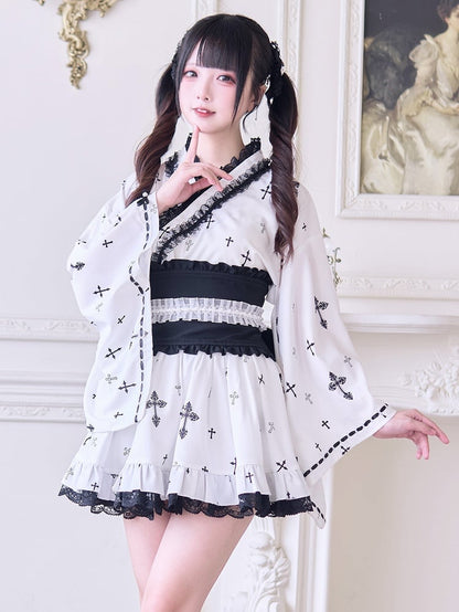 Rock mit hoher Taille, schwarzem Gothic-Kreuz-Print und Spitzenbesatz, Jirai Kei, Weiß