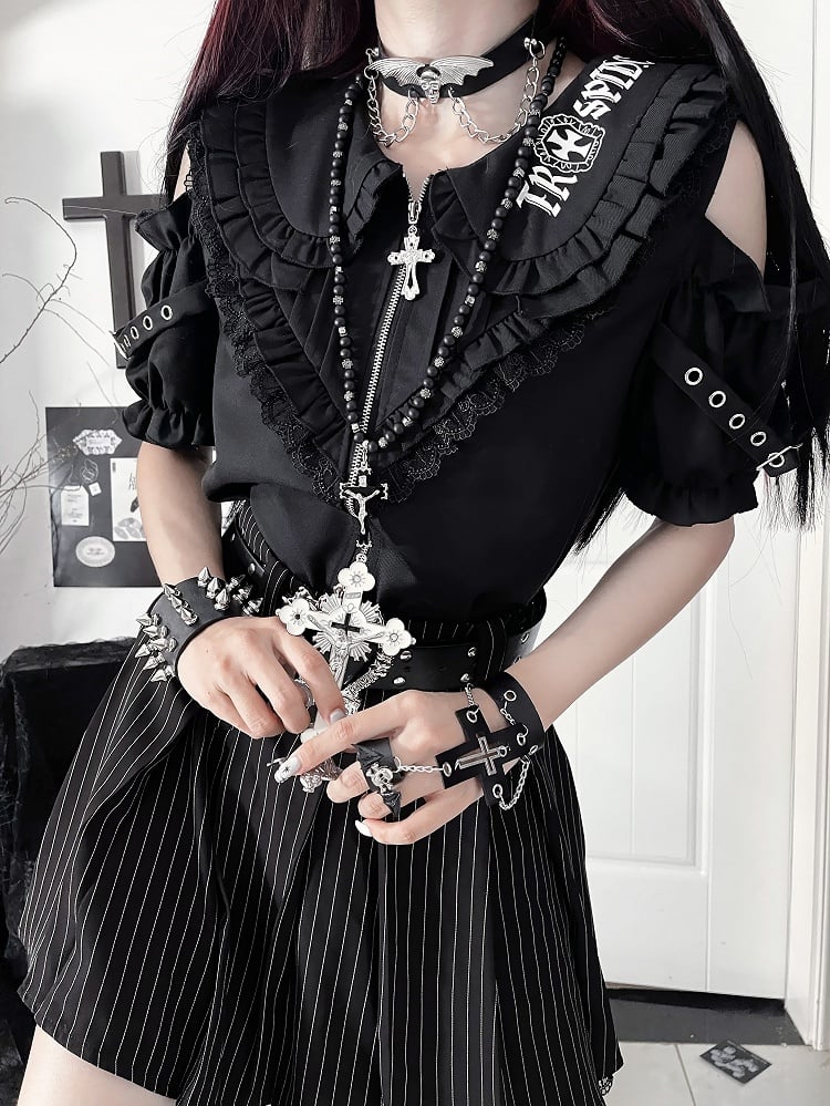 Accents with Black Short Shoulder Ruffle Gothic Sleeve Chest Cut-Outs Puff Shirt