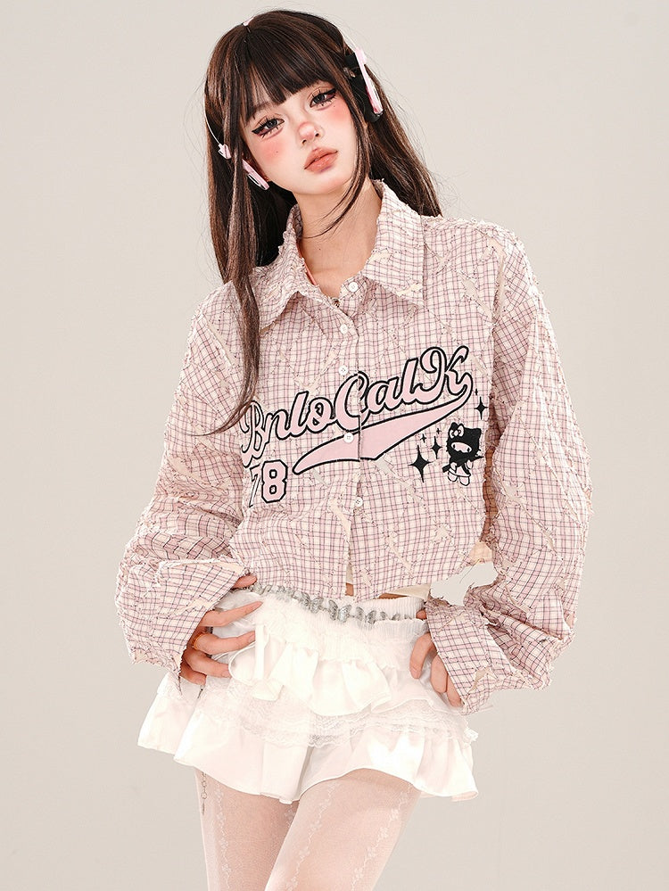 Green/Pink Letters Plaid Cropped Shirt