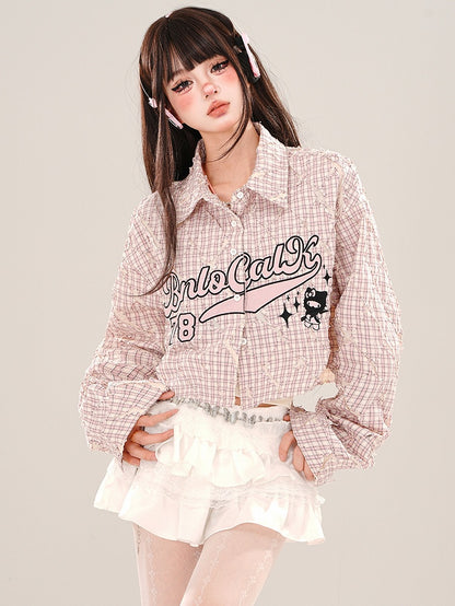 Green/Pink Letters Plaid Cropped Shirt