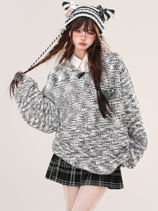 Grey Knitted Loose Hoodie