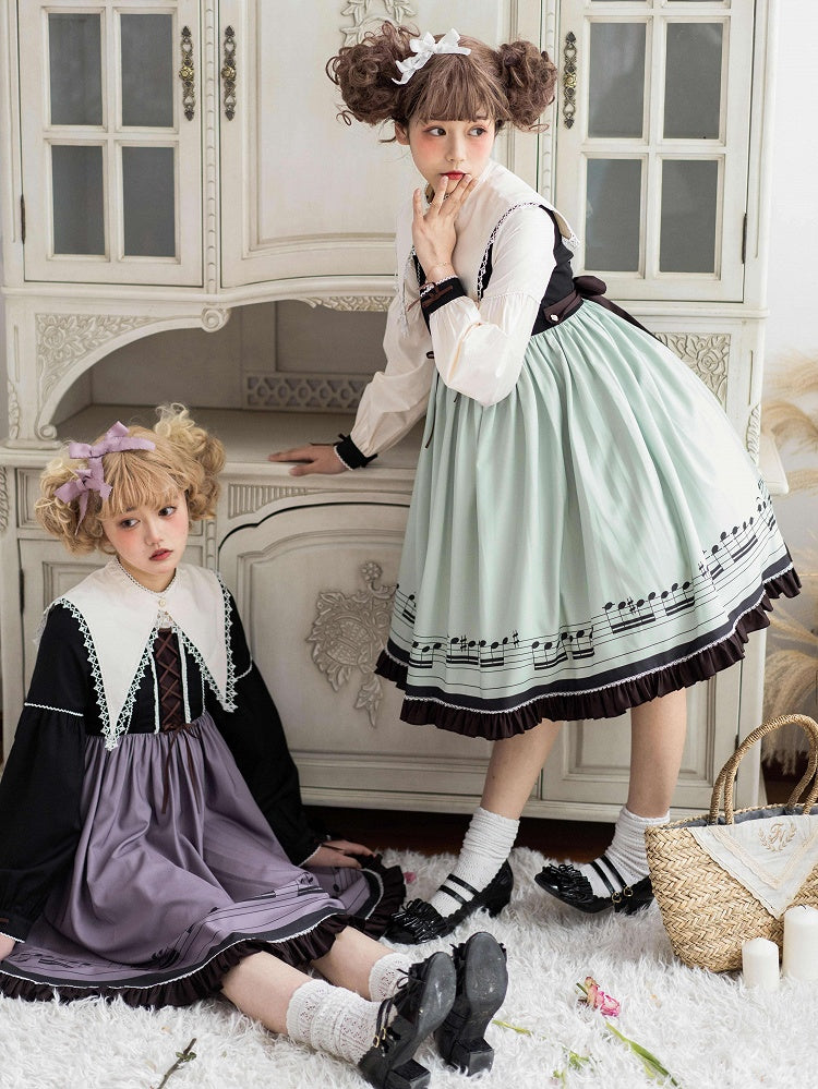 Musical Note Green Autumn Lolita Long Sleeves Dress with Separate Pointed Collar