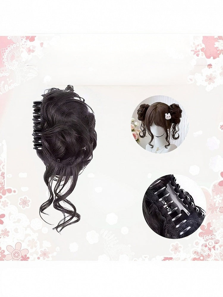 Black Tea 22cm Curly Bob Wig with Double Bun Claw Clip & Full Bangs - Meow Island Wig