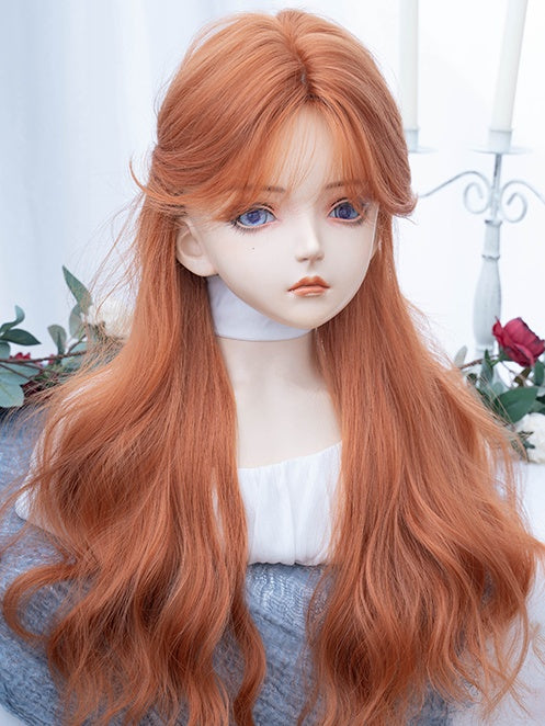 カーテンバング付きオレンジロングウェーブ合成ウィッグ