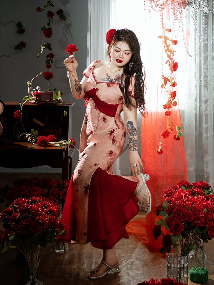 裾スカート プラスサイズ メッシュ レッド ロゼットプリント ドレス パッチワーク マーメイド