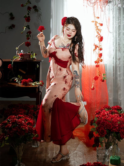 裾スカート プラスサイズ メッシュ レッド ロゼットプリント ドレス パッチワーク マーメイド