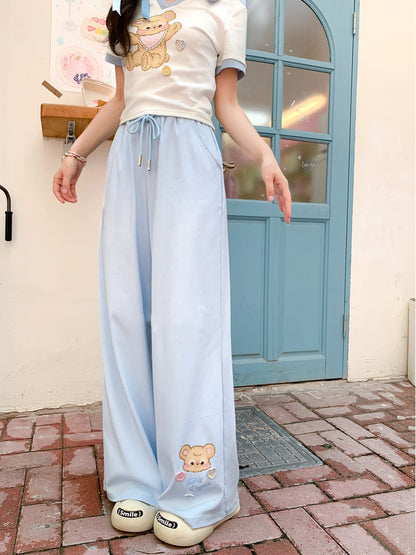 ワイドレッグカジュアルパンツ ブルー ドローストリングウエスト クマプリントカフ