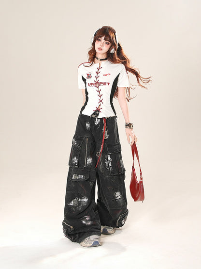 ホワイト レースアップフロント スリムフィット Tシャツ