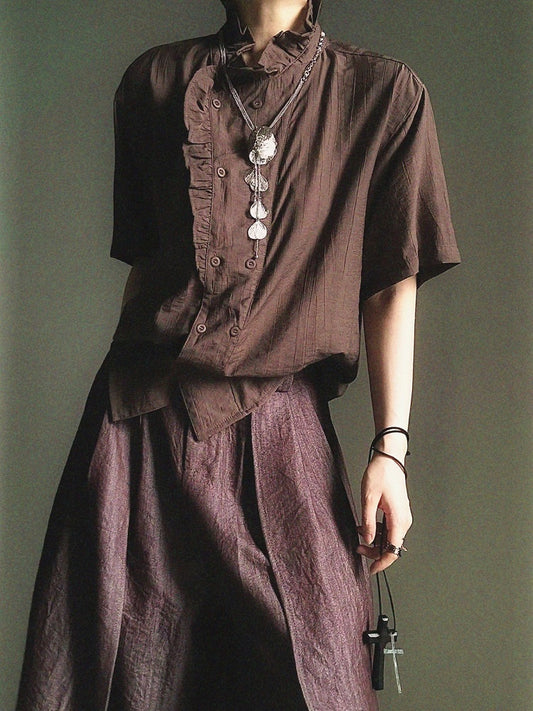 Coffee Ouji Short Sleeve Shirt with Ruffle Trim - ASAE