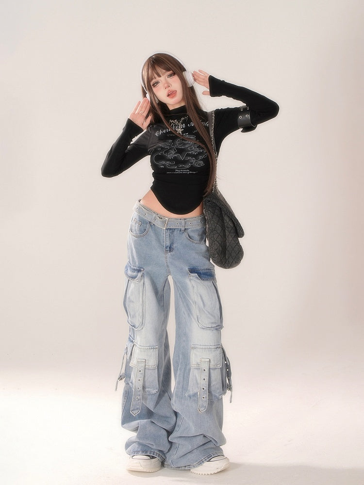 Wide-Leg Cargo Jeans with Strap Detailing Blue Gradient