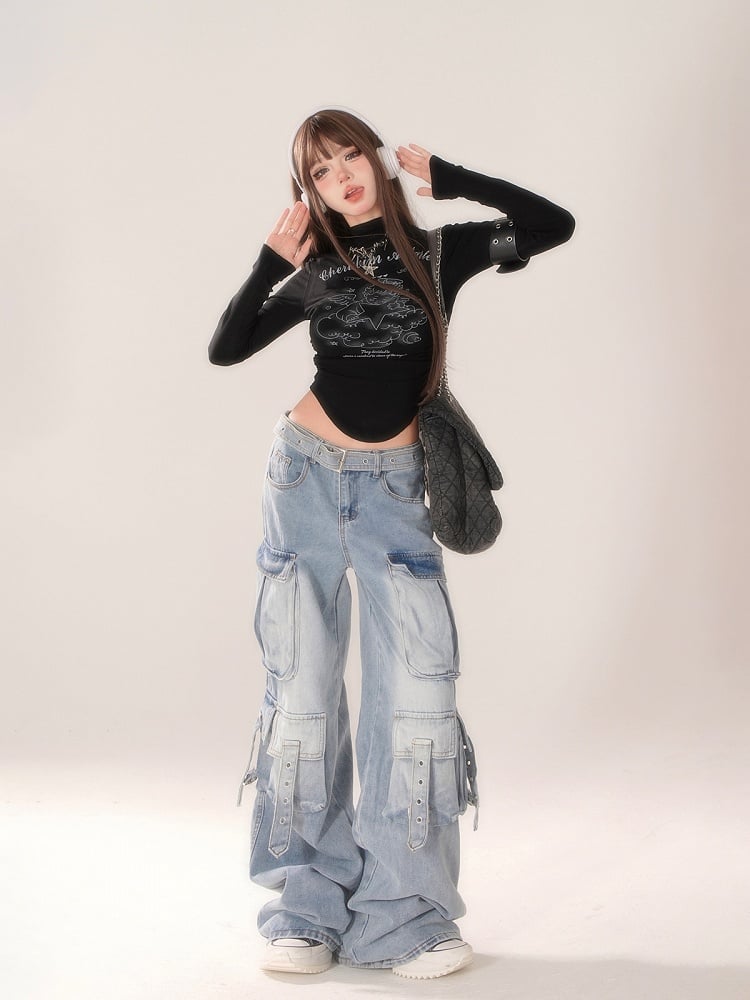 Gradient Blue Wide-Leg Cargo Jeans with Strap Detailing