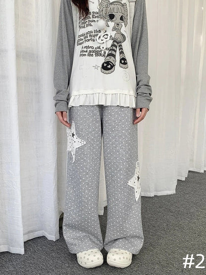Lace-trimmed Pants Accessory  Polka-dot Grey Star Straight-leg Patchwork with