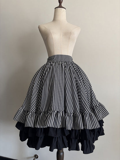 Black White Striped Gothic Lolita Layered Drawstring Skirt - Flower Fairy Daily