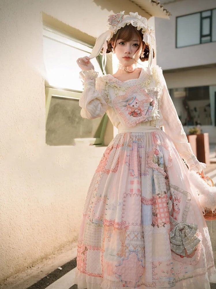 Cottagecore Patchwork Print Sweet Lolita Skirt with Detachable Straps Long Version