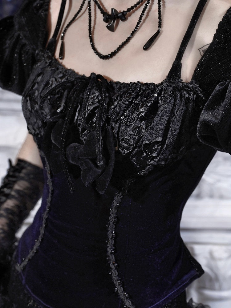 Straps Sleeves Adjustable Cross Top with Goth-Style and Shoulder Slim Puff Glittery Open Back Cut