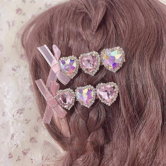 Hairclip Bow Heart Pink Rhinestone Decorated