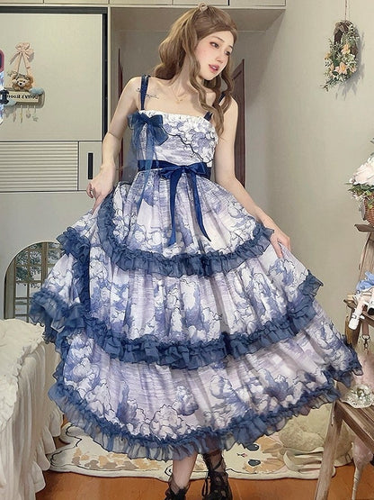 Robe Élégante Imprimé Classique Couches Nuageuses Lolita Volants Bleu Blanc