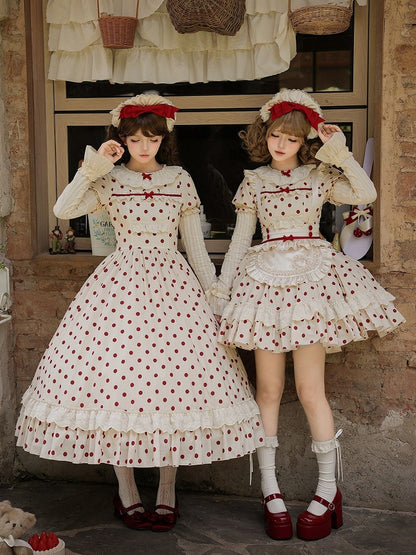 Beige and Red Dotted Puff-Sleeve Lolita OP Set with Apron and Bonnet - With PUJI