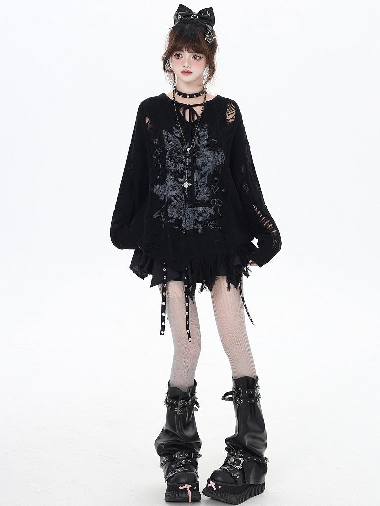 Aprikose/Schwarzes lockeres Strickoberteil mit Schmetterlingsmuster und Löchern im Used-Look und V-Ausschnitt